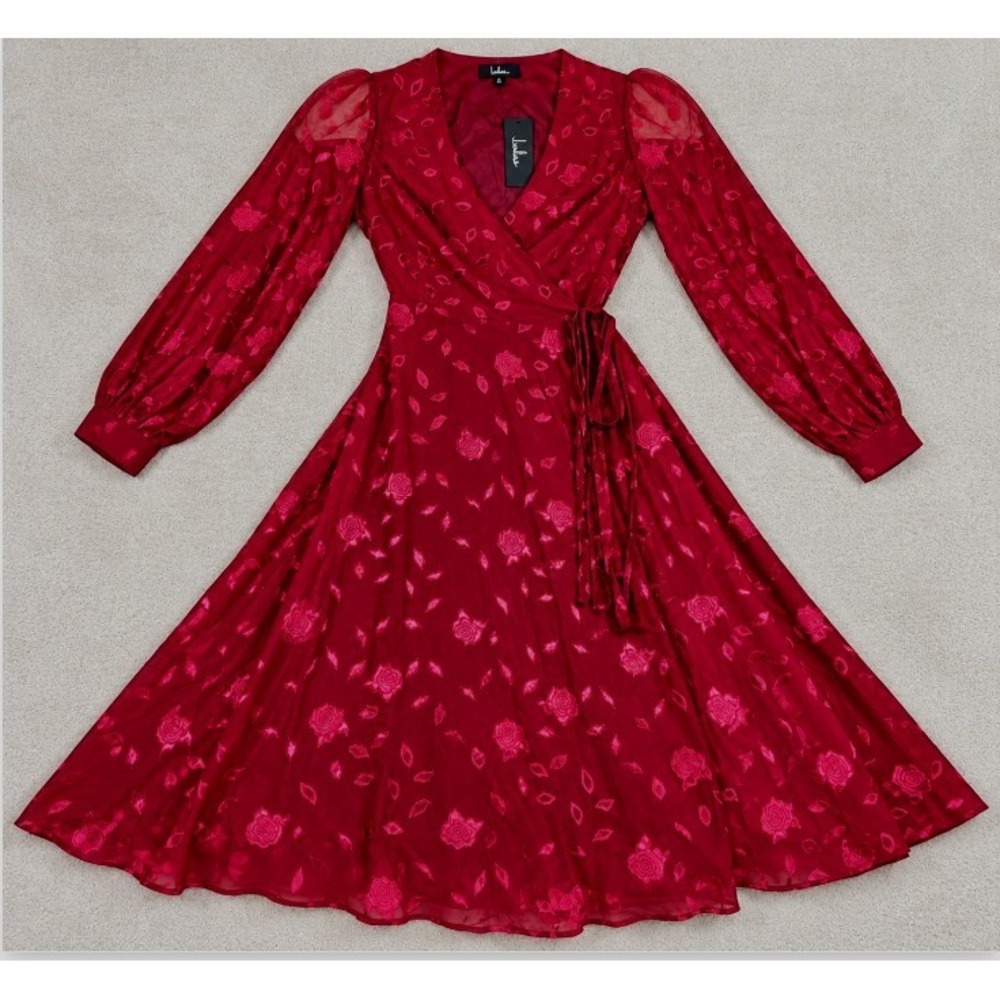 NWT Lulus M Burgundy Floral Wrap Midi Dress Romantic Coquette Whimsigoth Regency